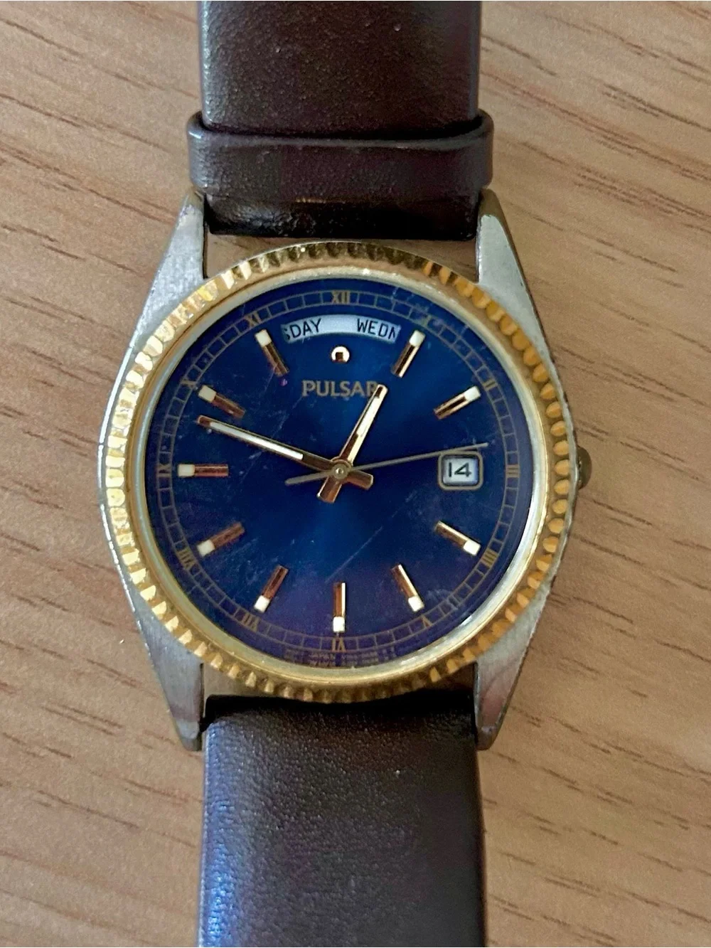 Vintage Pulsar Men’s Quartz Watch Blue Dial Day Date Gold Fluted Bezel